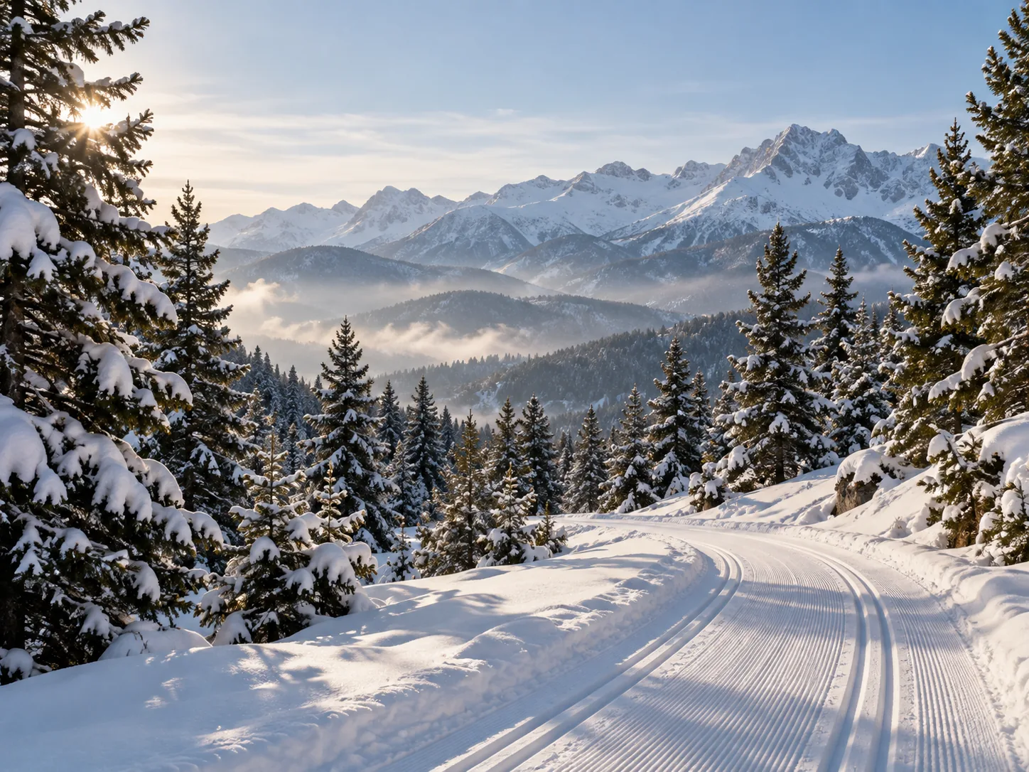 Image d'inspiration : piste enneigée au milieu des sapins